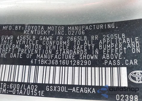 2006 Toyota Avalon Xl/Xls/Touring/Limited from USA, damaged, VIN 4T1BK36B16U128290